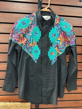 Vintage Black Western Button-Down Shirt with Multicolor Aztec Yoke
